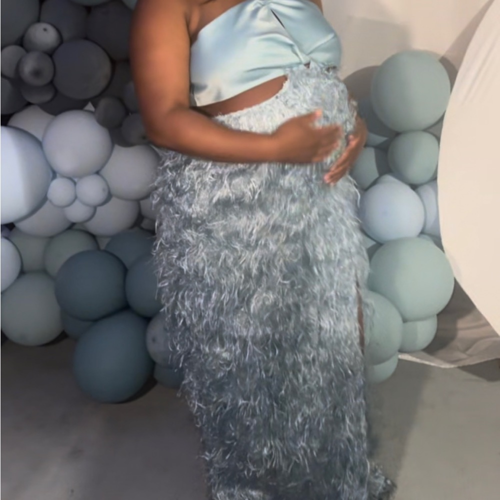 Faux fur maxi dress with satin twisted bust in ice blue